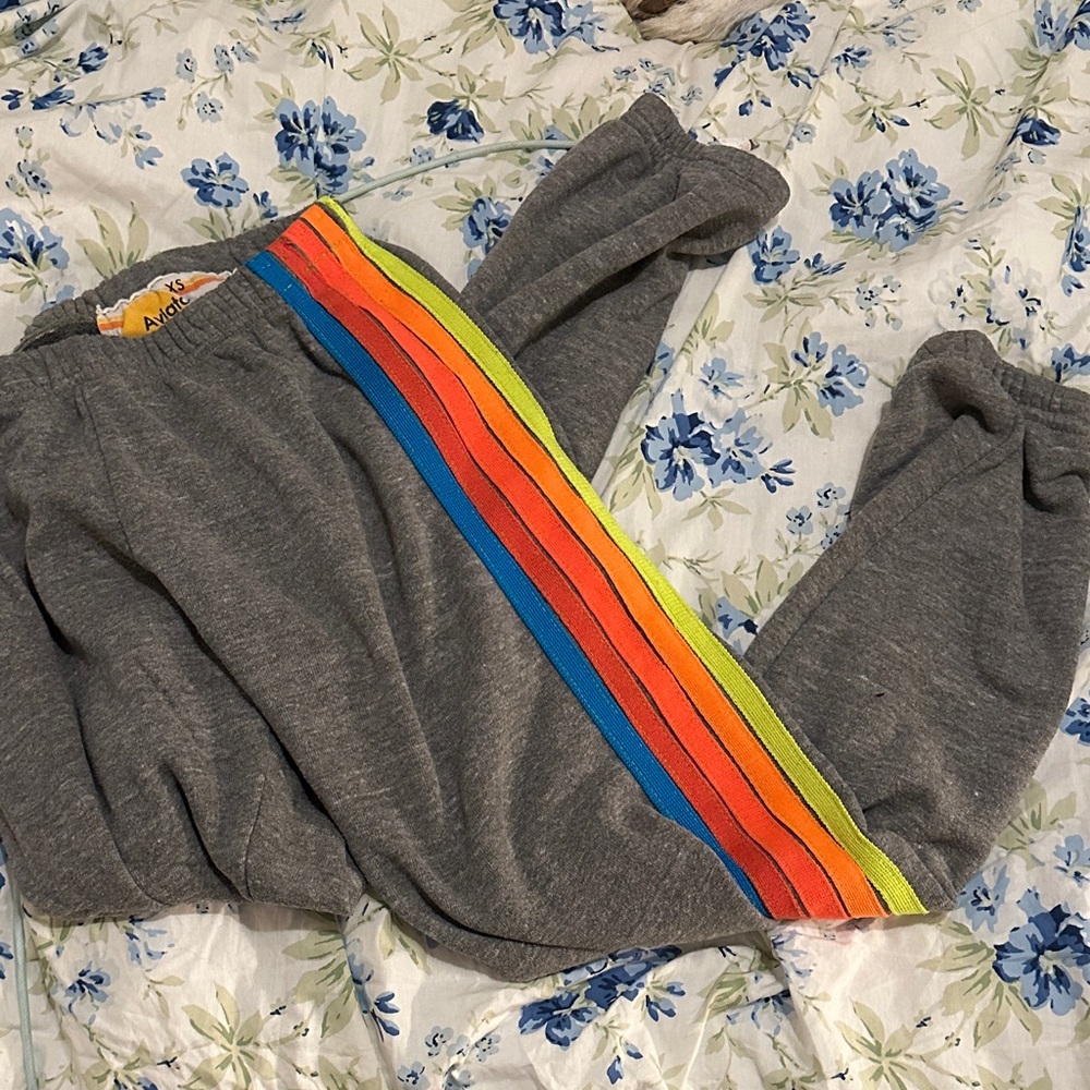 Aviator Nation Heather Grey and Neon Five Stripe Sweatpants XS